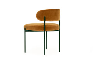 Fontaine Dining Chair with half-moon curved back and metal legs, upholstered in performance amber velvet, modern Art Deco inspired dining chair for elegant interiors. Back view.