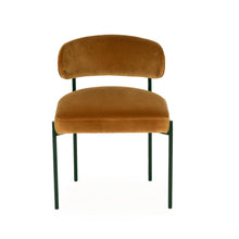 Load image into Gallery viewer, Fontaine Dining Chair with half-moon curved back and metal legs, upholstered in performance amber velvet, modern Art Deco inspired dining chair for elegant interiors. Front view.