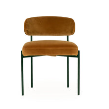 Load image into Gallery viewer, Fontaine Dining Chair with half-moon curved back and metal legs, upholstered in performance amber velvet, modern Art Deco inspired dining chair for elegant interiors. Front perspective. Magnolia Lane.