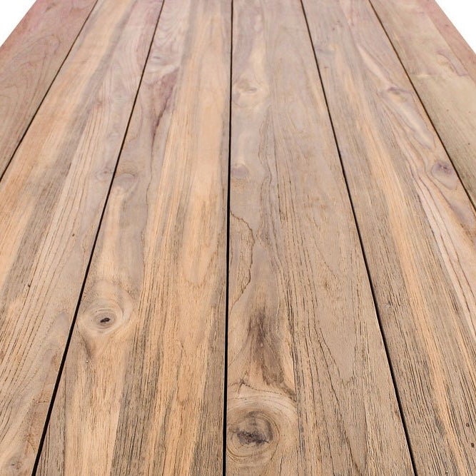Overhead view of the Gather dining table showing the reclaimed teak tabletop