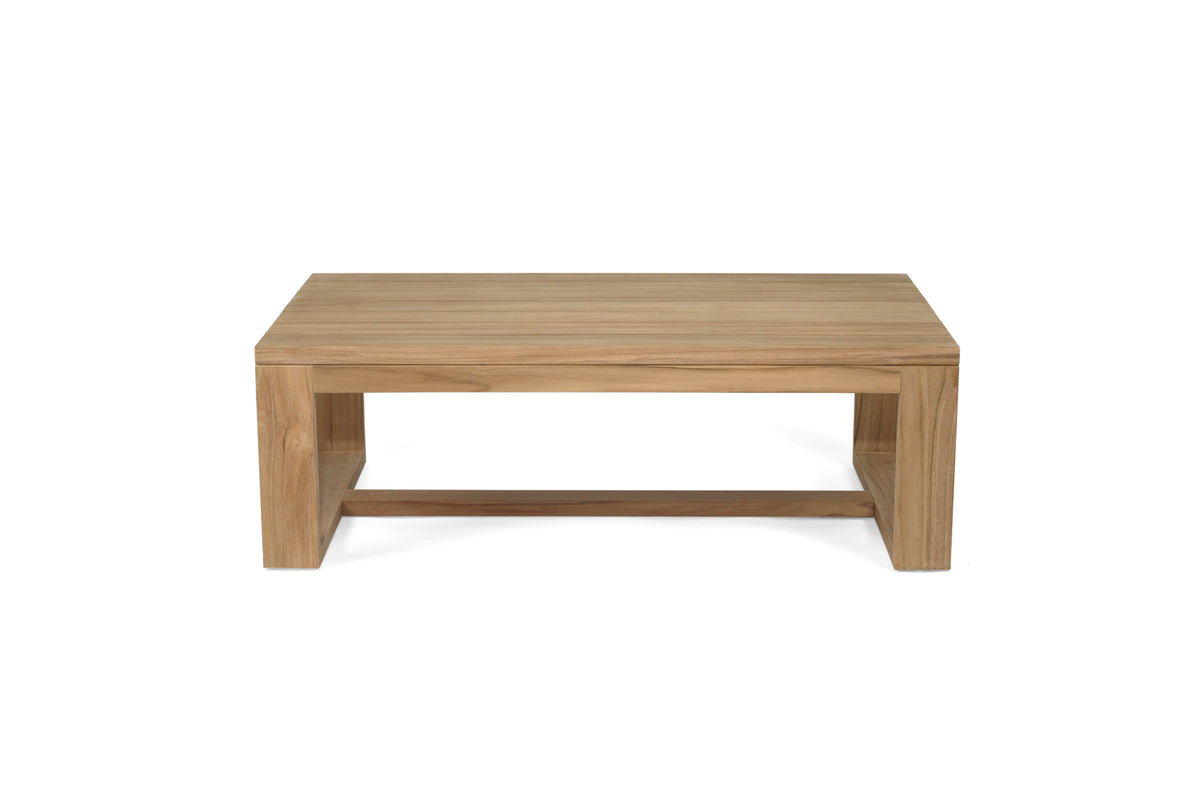 Harbour Island high teak outdoor coffee table, elevated front view of the slatted teak top