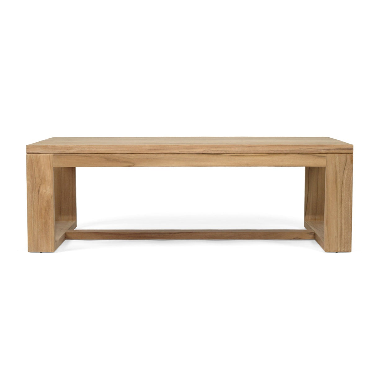 Harbour Island high teak outdoor coffee table, front view of the rectangular slatted teak table