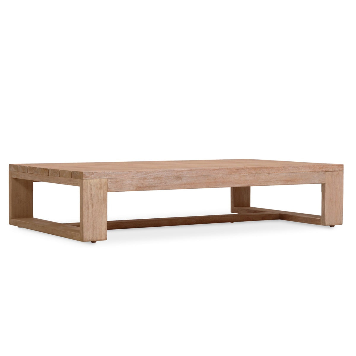 Harbour Island oversize low teak outdoor coffee table, front angle of the large slatted teak top and low open base