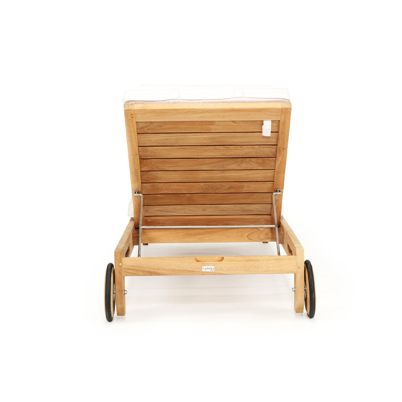 Harbour Island Slim Outdoor Sunlounger in Grade A teak with white Sunbrella cushion, adjustable backrest and wheels, coastal outdoor furniture for poolside or garden relaxation. Back perspective.
