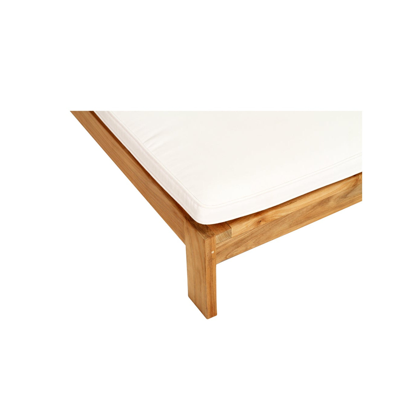 Harbour Island Slim Outdoor Sunlounger in Grade A teak with white Sunbrella cushion, adjustable backrest and wheels, coastal outdoor furniture for poolside or garden relaxation. Close up 1.