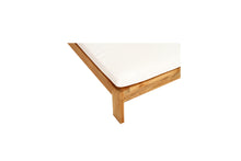 Load image into Gallery viewer, Harbour Island Slim Outdoor Sunlounger in Grade A teak with white Sunbrella cushion, adjustable backrest and wheels, coastal outdoor furniture for poolside or garden relaxation. Close up 1.