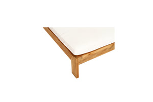 Harbour Island Slim Outdoor Sunlounger in Grade A teak with white Sunbrella cushion, adjustable backrest and wheels, coastal outdoor furniture for poolside or garden relaxation. Close up 1.
