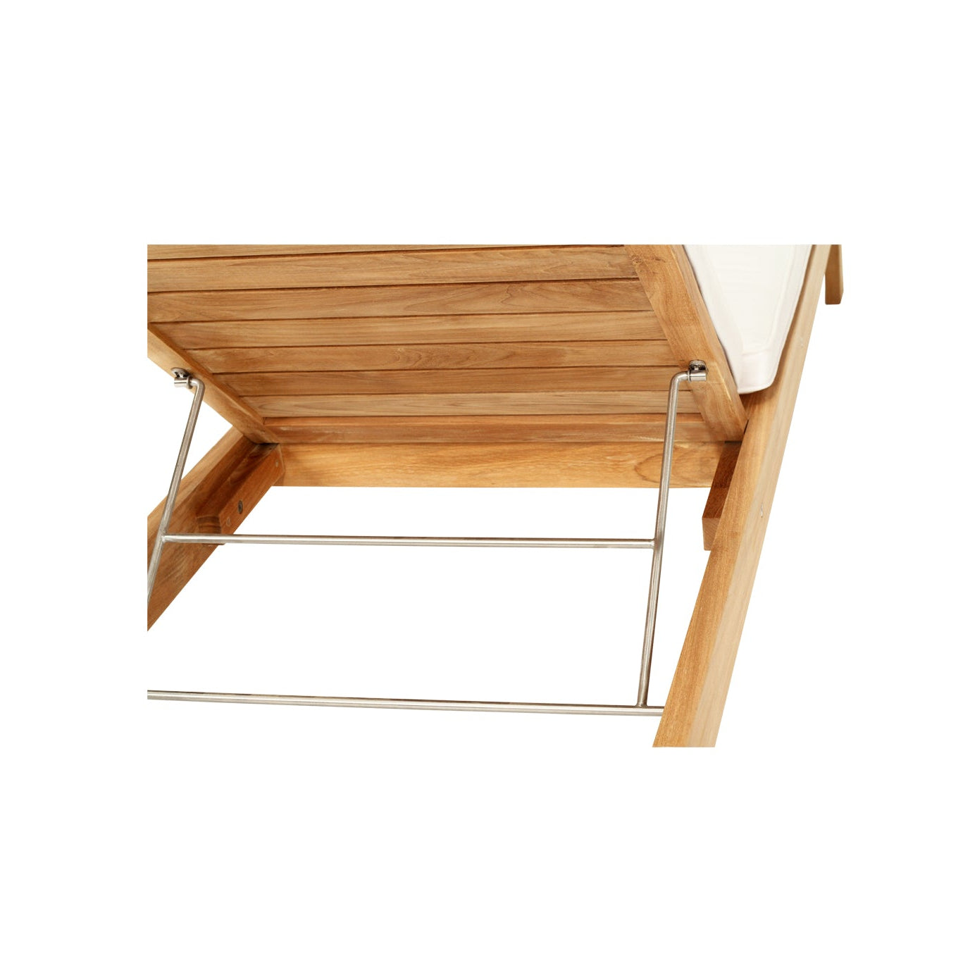 Harbour Island Slim Outdoor Sunlounger in Grade A teak with white Sunbrella cushion, adjustable backrest and wheels, coastal outdoor furniture for poolside or garden relaxation. Close up.