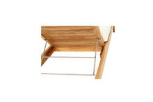 Load image into Gallery viewer, Harbour Island Slim Outdoor Sunlounger in Grade A teak with white Sunbrella cushion, adjustable backrest and wheels, coastal outdoor furniture for poolside or garden relaxation. Close up.