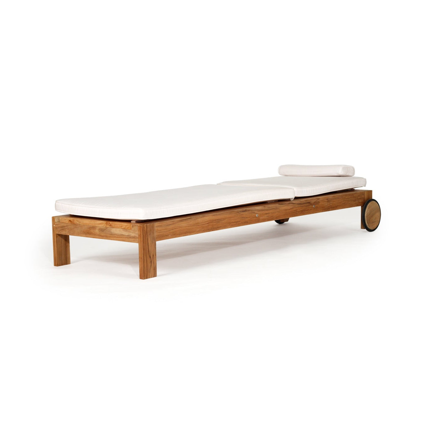 Harbour Island Slim Outdoor Sunlounger in Grade A teak with white Sunbrella cushion, adjustable backrest and wheels, coastal outdoor furniture for poolside or garden relaxation. Flat layout.