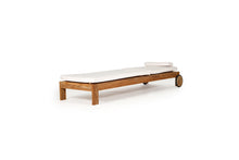Load image into Gallery viewer, Harbour Island Slim Outdoor Sunlounger in Grade A teak with white Sunbrella cushion, adjustable backrest and wheels, coastal outdoor furniture for poolside or garden relaxation. Flat layout.