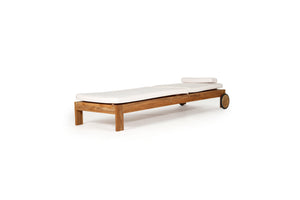 Harbour Island Slim Outdoor Sunlounger in Grade A teak with white Sunbrella cushion, adjustable backrest and wheels, coastal outdoor furniture for poolside or garden relaxation. Flat layout.