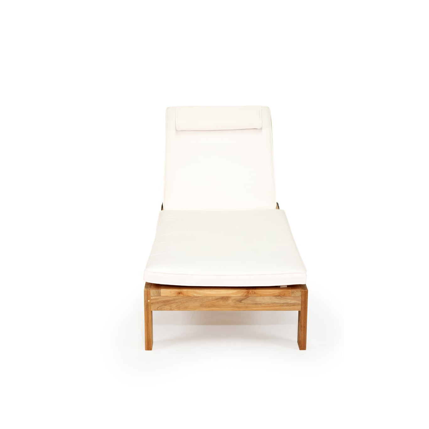Harbour Island Slim Outdoor Sunlounger in Grade A teak with white Sunbrella cushion, adjustable backrest and wheels, coastal outdoor furniture for poolside or garden relaxation. Front tilt perspective.