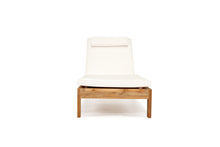 Load image into Gallery viewer, Harbour Island Slim Outdoor Sunlounger in Grade A teak with white Sunbrella cushion, adjustable backrest and wheels, coastal outdoor furniture for poolside or garden relaxation. Front perspective.