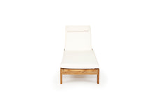 Load image into Gallery viewer, Harbour Island Slim Outdoor Sunlounger in Grade A teak with white Sunbrella cushion, adjustable backrest and wheels, coastal outdoor furniture for poolside or garden relaxation. Front tilt perspective.