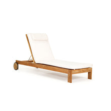 Load image into Gallery viewer, Harbour Island Slim Outdoor Sunlounger in Grade A teak with white Sunbrella cushion, adjustable backrest and wheels, coastal outdoor furniture for poolside or garden relaxation. Upright position.