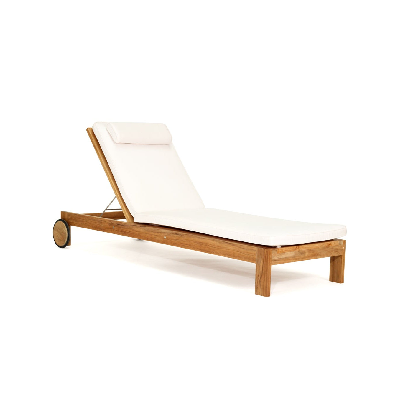 Harbour Island Slim Outdoor Sunlounger in Grade A teak with white Sunbrella cushion, adjustable backrest and wheels, coastal outdoor furniture for poolside or garden relaxation