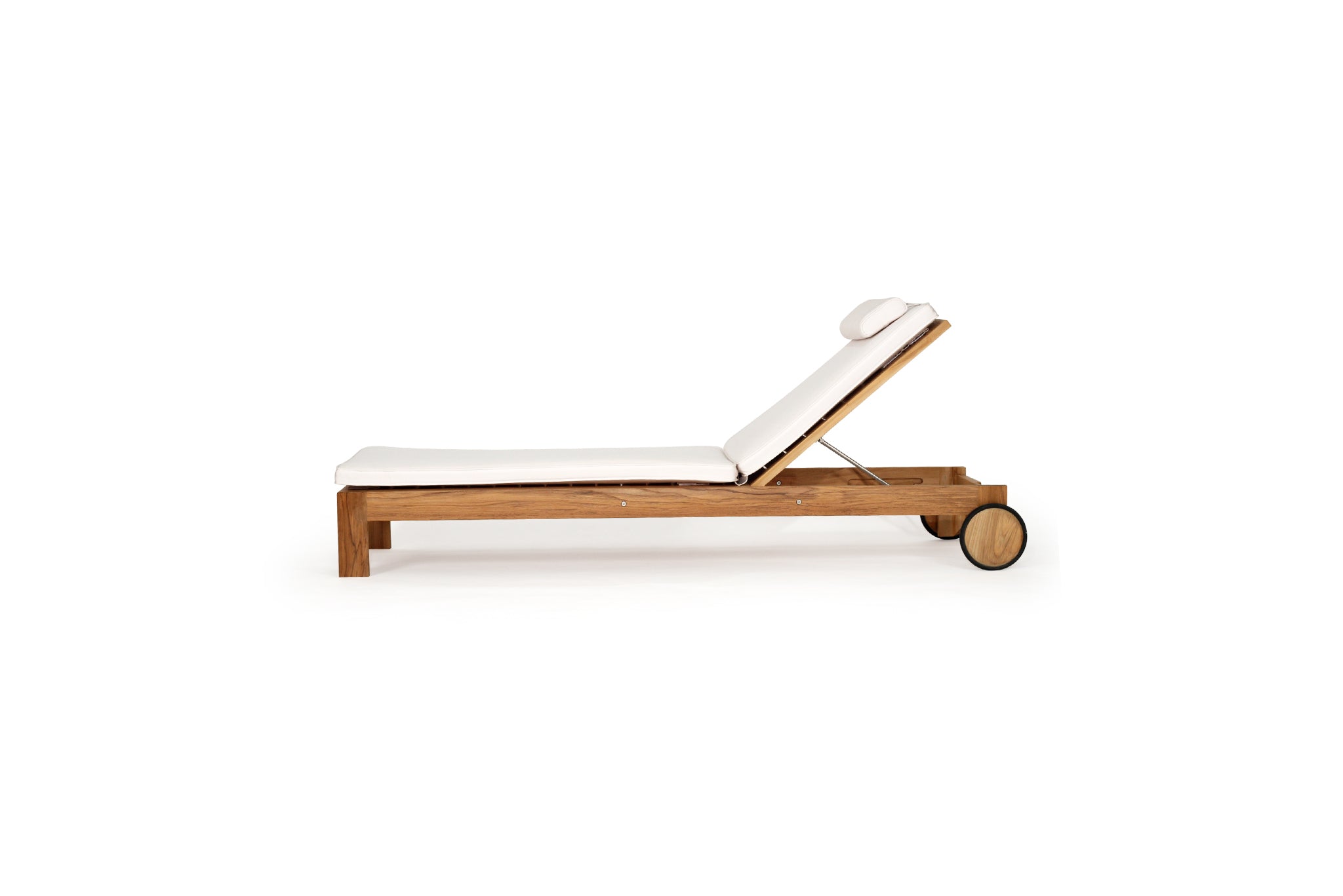 Harbour Island Slim Outdoor Sunlounger in Grade A teak with white Sunbrella cushion, adjustable backrest and wheels, coastal outdoor furniture for poolside or garden relaxation. Side perspective.