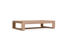Load image into Gallery viewer, Harbour Island Outdoor Coffee Table – oversize low, made from sustainable premium-grade teak, showcasing a robust, minimalist design ideal for indoor or outdoor use with lasting durability. Side Angle.