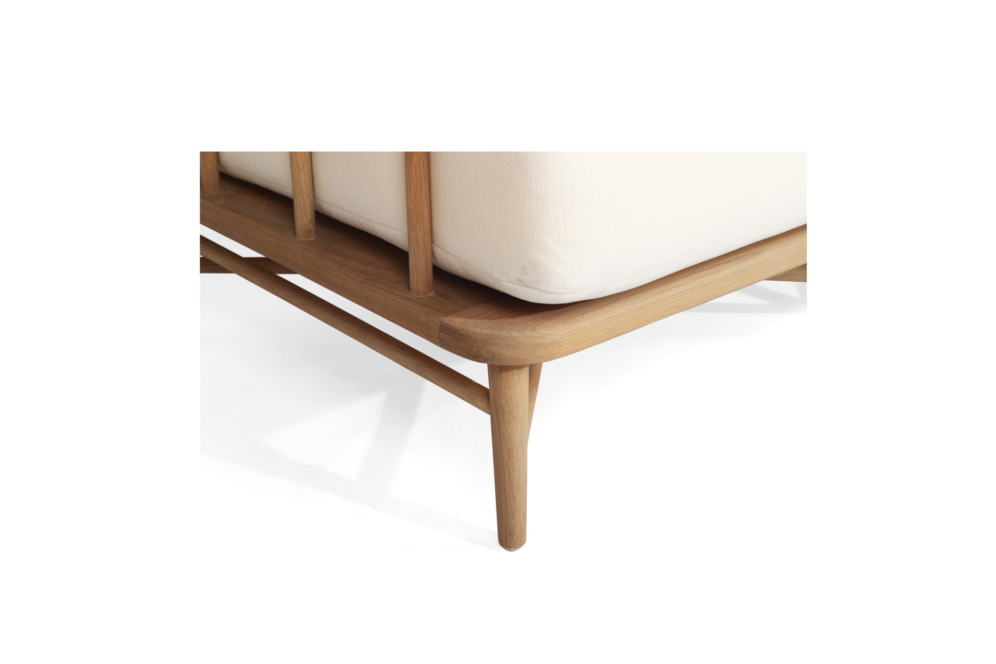 The Harbour Island Two Seater Sofa with light timber frame and white cushions – coastal luxe design perfect for relaxed interiors - leg detail