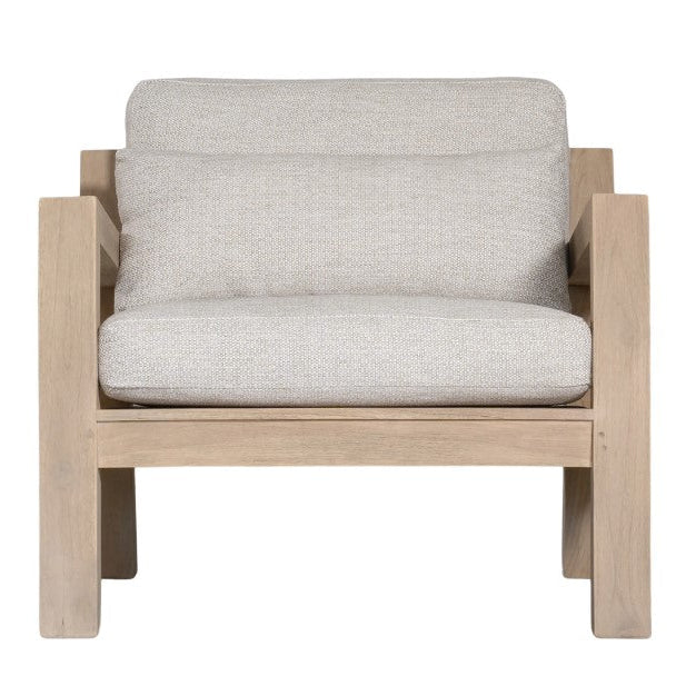Harper one seater outdoor sofa in luxury natural Olefin fabric with reclaimed aged teak frame by Uniqwa Collections-front