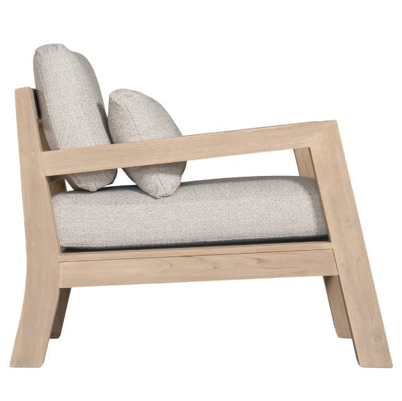 Harper one seater outdoor sofa in luxury natural Olefin fabric with reclaimed aged teak frame by Uniqwa Collections-side