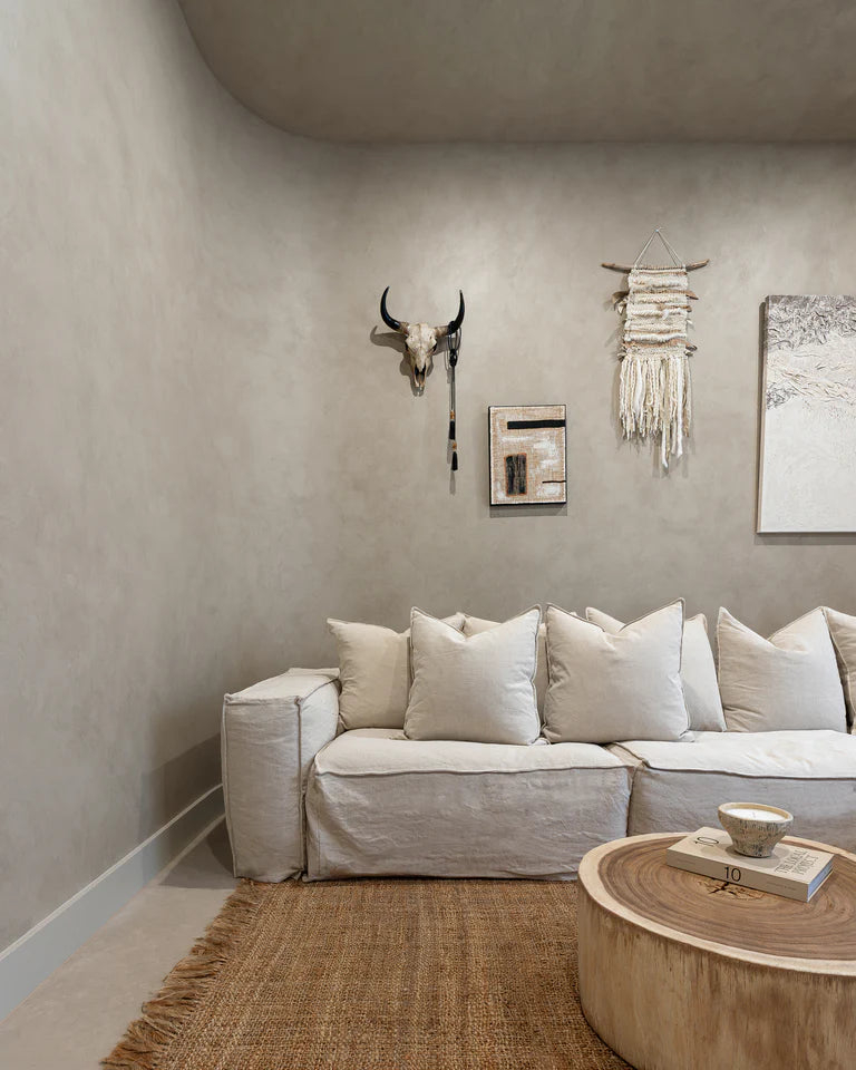 Hendrix modular sofa suite, with feather cushioning and removable slipcover, timber frame modern coastal sofa with scatter cushions, available in multiple colours.  Coastal Luxe Interior.