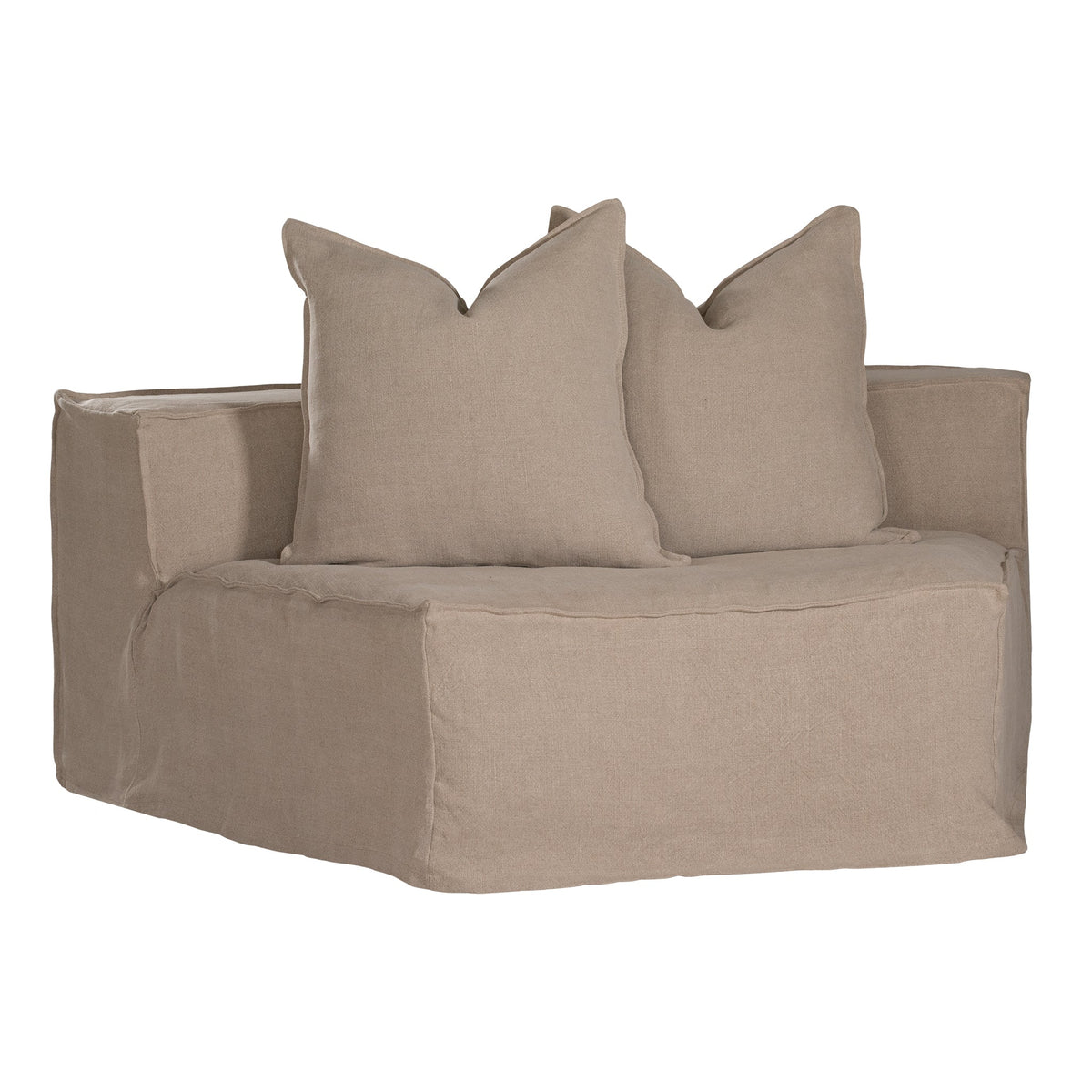 Hendrix Modular Sofa Curve Module in Oatmeal, front three-quarter view with two scatter cushions