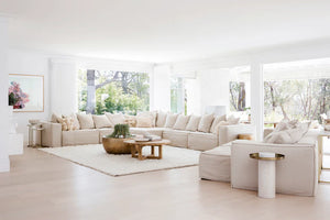 Uniqwa Hendrix Modular Sofa with corner section, with feather cushioning and removable slipcover, timber frame modern coastal sofa with scatter cushions, available in multiple colours.  As seen in Three Birds Renovations.
