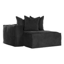 Load image into Gallery viewer, Hendrix Sofa Chaise with left hand arm in black, with feather cushioning and removable slipcover, timber frame modern coastal sofa with scatter cushions, available in multiple colours