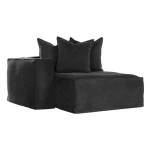 Hendrix Sofa Chaise with left hand arm in black, with feather cushioning and removable slipcover, timber frame modern coastal sofa with scatter cushions, available in multiple colours