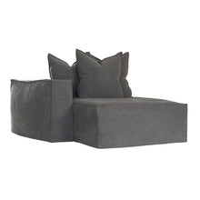 Load image into Gallery viewer, Hendrix Sofa Chaise with left hand arm in charcoal, with feather cushioning and removable slipcover, timber frame modern coastal sofa with scatter cushions, available in multiple colours