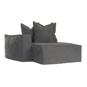 Hendrix Sofa Chaise with left hand arm in charcoal, with feather cushioning and removable slipcover, timber frame modern coastal sofa with scatter cushions, available in multiple colours