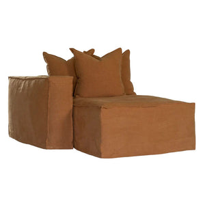 Hendrix Sofa Chaise with left hand arm in clay, with feather cushioning and removable slipcover, timber frame modern coastal sofa with scatter cushions, available in multiple colours