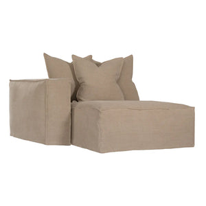 Hendrix Sofa Chaise with left hand arm in oatmeal, with feather cushioning and removable slipcover, timber frame modern coastal sofa with scatter cushions, available in multiple colours
