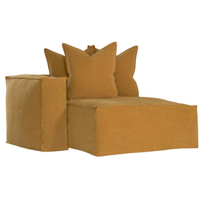 Hendrix Sofa Chaise with left hand arm in ochre, with feather cushioning and removable slipcover, timber frame modern coastal sofa with scatter cushions, available in multiple colours