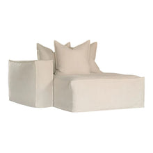 Load image into Gallery viewer, Hendrix Sofa Chaise with left hand arm in sand, with feather cushioning and removable slipcover, timber frame modern coastal sofa with scatter cushions, available in multiple colours