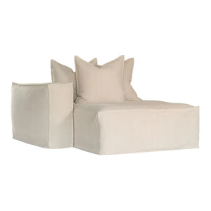Hendrix Sofa Chaise with left hand arm in sand, with feather cushioning and removable slipcover, timber frame modern coastal sofa with scatter cushions, available in multiple colours