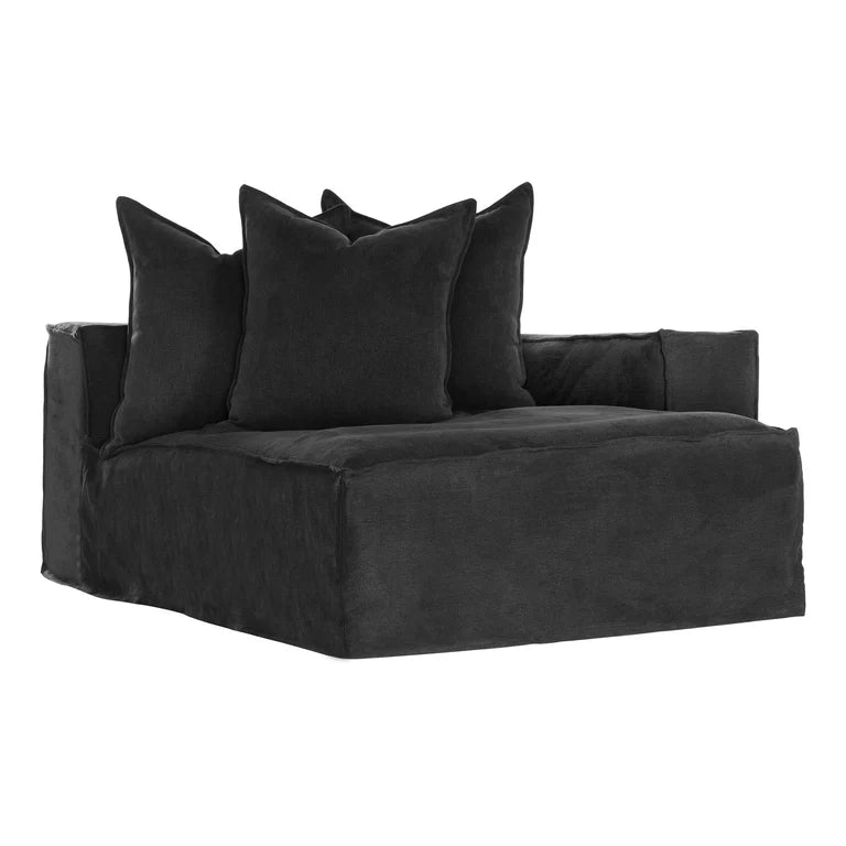 Hendrix Sofa Chaise with right hand arm in black, with feather cushioning and removable slipcover, timber frame modern coastal sofa with scatter cushions, available in multiple colours.