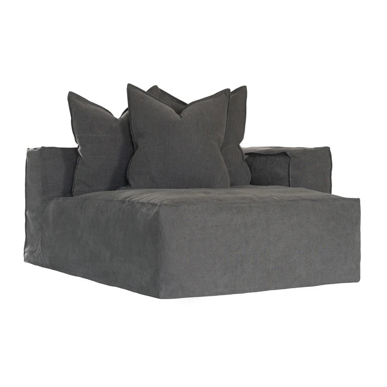 Hendrix Sofa Chaise with right hand arm in charcoal, with feather cushioning and removable slipcover, timber frame modern coastal sofa with scatter cushions, available in multiple colours.