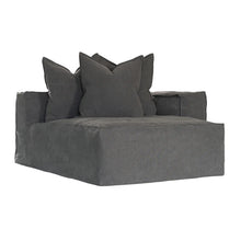 Load image into Gallery viewer, Hendrix Sofa Chaise with right hand arm in charcoal, with feather cushioning and removable slipcover, timber frame modern coastal sofa with scatter cushions, available in multiple colours.