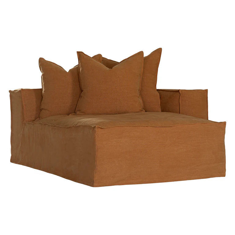 Hendrix Sofa Chaise with right hand arm in clay, with feather cushioning and removable slipcover, timber frame modern coastal sofa with scatter cushions, available in multiple colours.