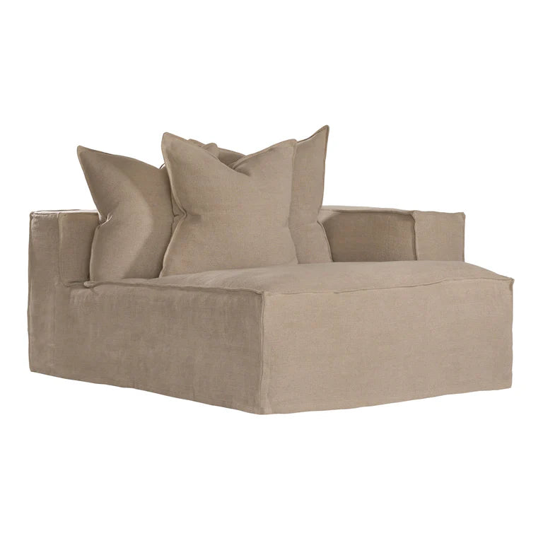 Hendrix Sofa Chaise with right hand arm in oatmeal, with feather cushioning and removable slipcover, timber frame modern coastal sofa with scatter cushions, available in multiple colours.