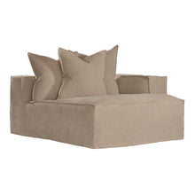 Load image into Gallery viewer, Hendrix Sofa Chaise with right hand arm in oatmeal, with feather cushioning and removable slipcover, timber frame modern coastal sofa with scatter cushions, available in multiple colours.