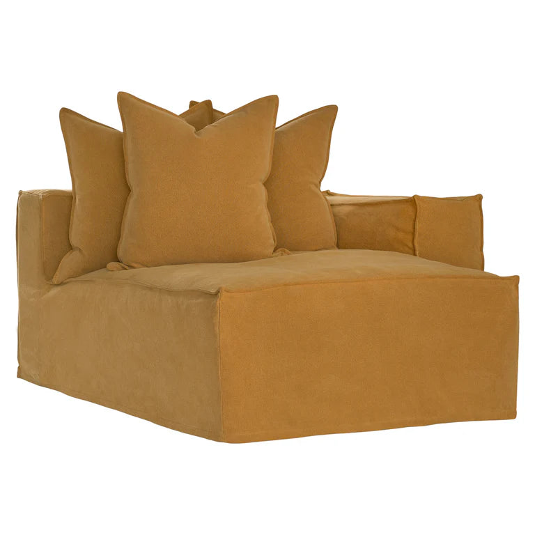 Hendrix Sofa Chaise with right hand arm in ochre, with feather cushioning and removable slipcover, timber frame modern coastal sofa with scatter cushions, available in multiple colours.