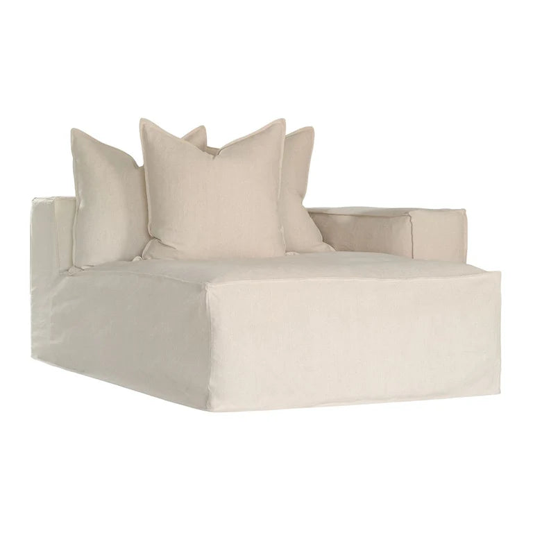 Hendrix Sofa Chaise with right hand arm in sand, with feather cushioning and removable slipcover, timber frame modern coastal sofa with scatter cushions, available in multiple colours.