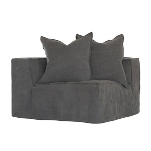 Hendrix Sofa corner section in charcoal, with feather cushioning and removable slipcover, timber frame modern coastal sofa with scatter cushions, available in multiple colours.