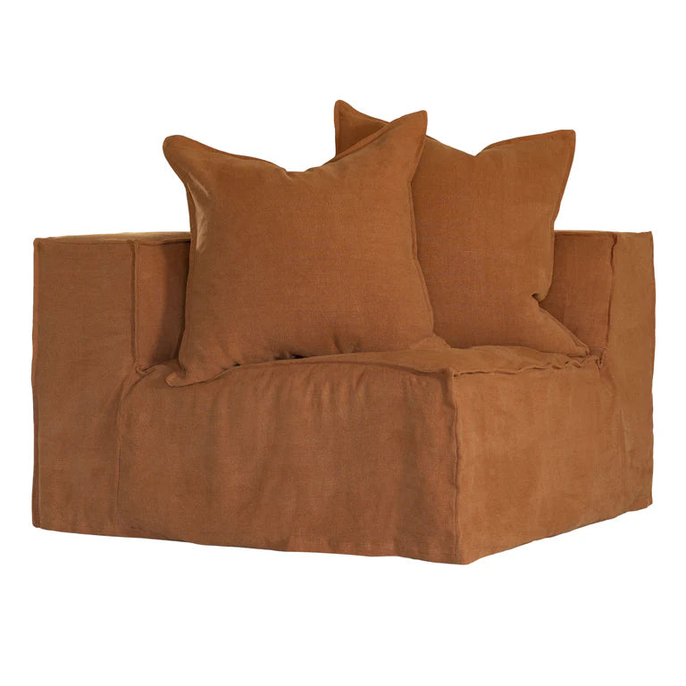 Hendrix Sofa corner section in clay, with feather cushioning and removable slipcover, timber frame modern coastal sofa with scatter cushions, available in multiple colours.