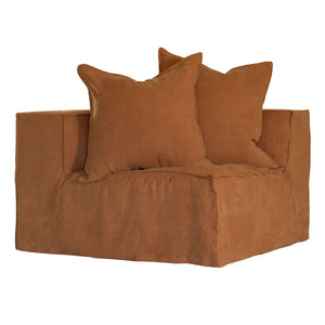Hendrix Sofa corner section in clay, with feather cushioning and removable slipcover, timber frame modern coastal sofa with scatter cushions, available in multiple colours.