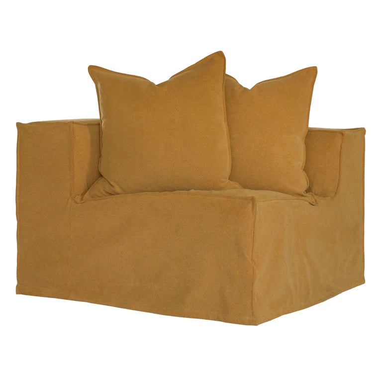 Hendrix Sofa corner section in ochre, with feather cushioning and removable slipcover, timber frame modern coastal sofa with scatter cushions, available in multiple colours.